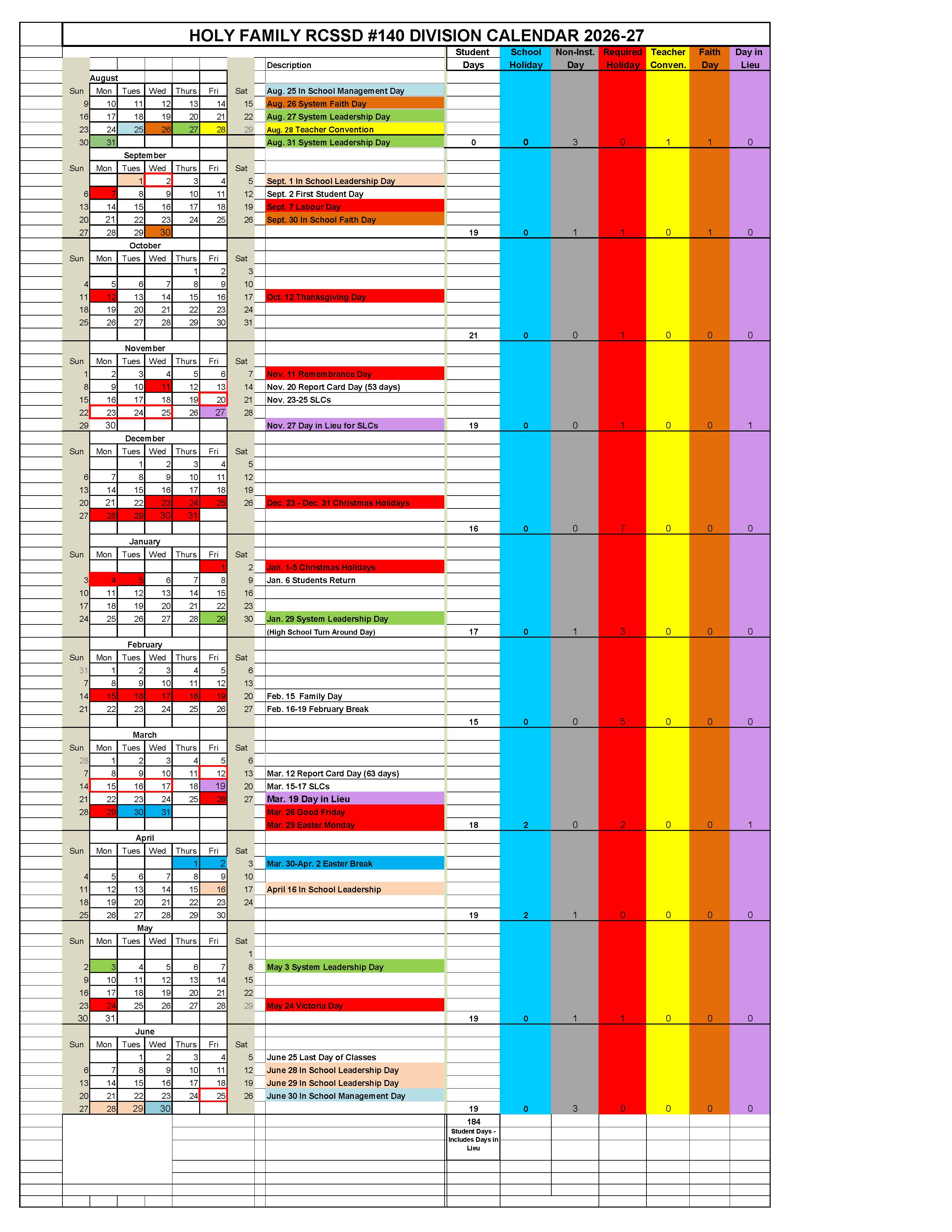 Holy Family Division Calendar 2026 27 Final